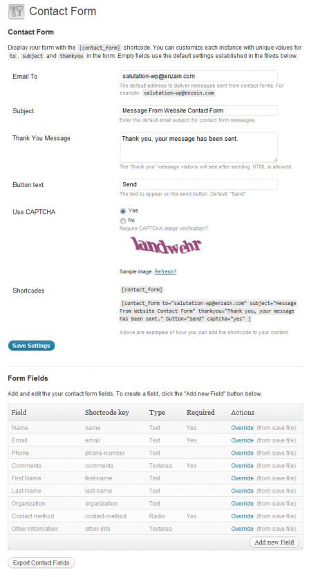 Contact Form Admin Options